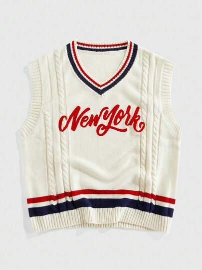 Prep Men's V-Neck Embroidered Knit Vest, Retro College Style