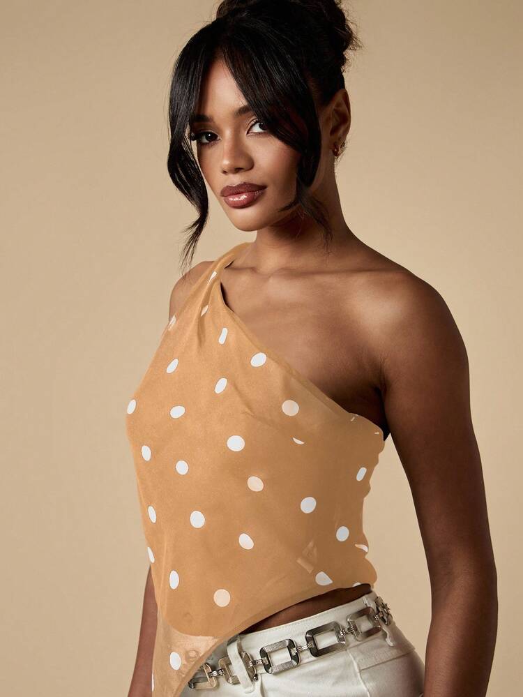 MISSGUIDED Elegant One Shoulder Polka Dot Bodysuit Asymmetric Hem Evening Party Club Night Out Dancing Casual Summer Spring Top