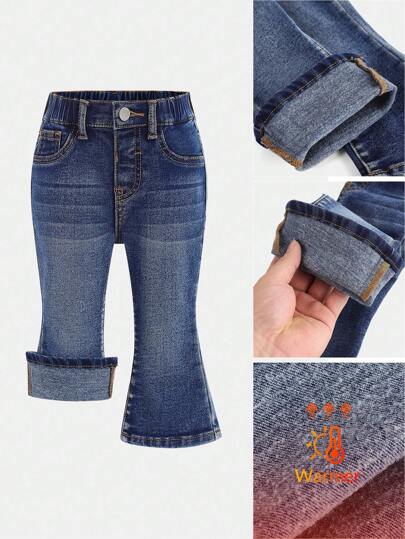 SHEIN Pantalones acampanados elásticos con forro térmico de denim azul para niñas, ropa casual y cómoda para niños, jeans acampanados para niñas, agrega forro polar para mayor calidez en invierno