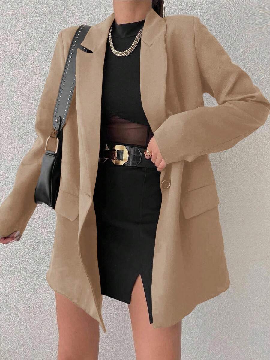 SHEIN Cottnline Flap Pocket Long Sleeve Blazer - Krem - View 1