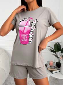 EURMUSE Conjunto de pijama de algodón con gráficos de dibujos animados y eslóganes - Beis - Ver 5
