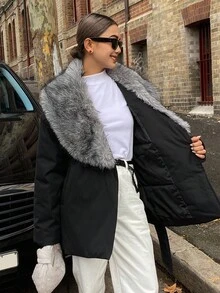 DAZY Patchwork Fluffy Collar Oblique Placket Thickened Thermal Lined Padded Coat For Women, Autumn/Winter Jacket - Black - View 8