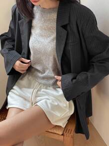 DAZY 秋冬新款宽松加厚休闲条纹商务休闲女式常规夹克西装外套女式大衣 - 灰色 - 查看 4