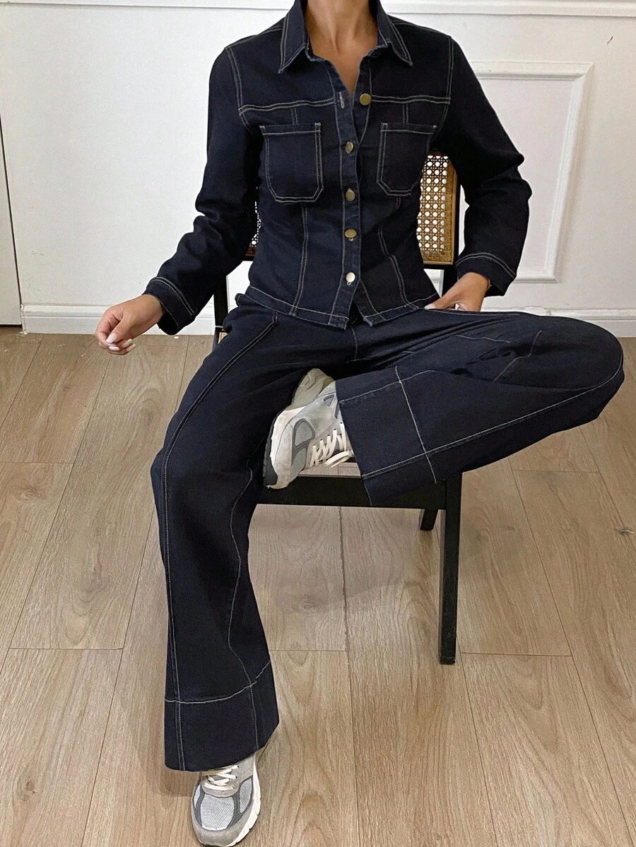 Livesso Conjunto de top con cuello vuelto y jeans de ajuste holgado para mujer en otoño - Azul - Ver 1