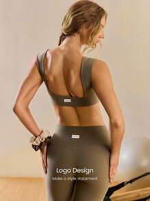 GLOWMODE FeatherFit™ Ribbed Soft Flex Square Neck Sports Bra Low Impact Yoga Pilates Studio Daily Casual Wear Removable Cups Fall Winter - Brown - View 3