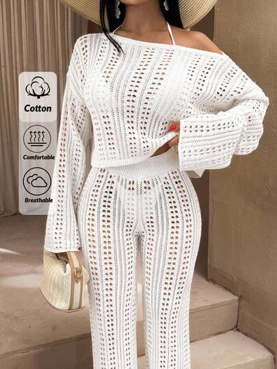 EURMUSE Lacy Knit Crop Top And High-Waisted Trousers Cover Up Comfy