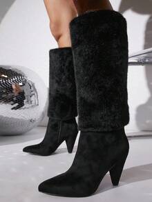 SHUZIA Fuzzy Cuff Pointy Toe Cone Heel Boots - Black - View 3