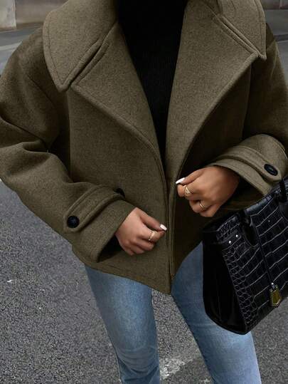 EMERY ROSE Women's Large Lapel Decorated Button Long Sleeve Woolen Coat