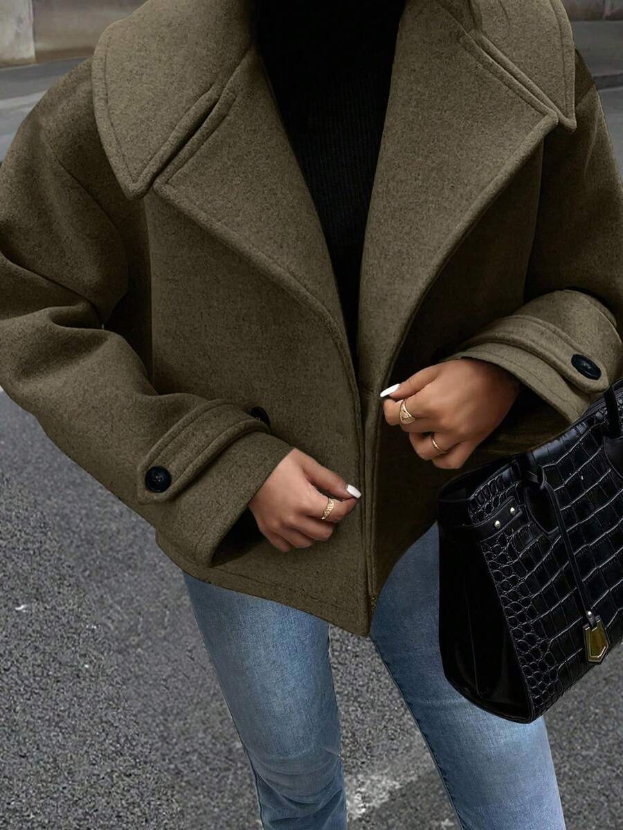 EMERY ROSE Women's Large Lapel Decorated Button Long Sleeve Woolen Coat - Green - View 1