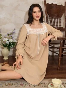 Côtesoire 女士针织方领蕾丝边系腰宽松长款睡袍，秋季 - 卡其色 - 查看 5