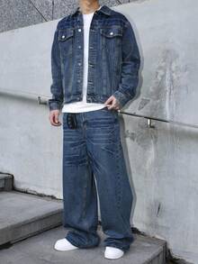 Manfinity EMRG Men's Blue Denim Set, Loose Fit Jacket And Wide Leg Jeans, Street Style, Autumn/Winter Men Wide Leg Jeans Boyfriend & Husband Regular Washed For Loose Wide Leg