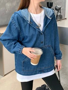 SHEIN Teen Girls Solid Washed Half Button Drawstring Hem Casual Baggy Loose Fit Hooded Denim Jacket Coat,Fall Clothes,Back To School Winter Clothes,Teen Girl Back To School Homecoming Outfits
