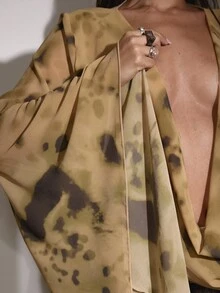 MUSERA Áo dài tay bằng chiffon in họa tiết, cổ khoét sâu, kiểu dáng đồng quê dễ thương, thích hợp cho buổi tối đi chơi câu lạc bộ, gợi cảm theo phong cách Y2K, dự tiệc, thanh lịch, nghỉ lễ, mùa hè, mùa xuân. - Màu Khaki - Xem 6