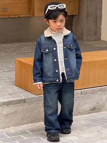 SHEIN Little Byeori 2pcs Young Boy Blue Denim Fleece Collar Long Sleeve Jacket And Loose Fit Thick Pants Set, Suitable For Autumn/Winter Outings Fall
