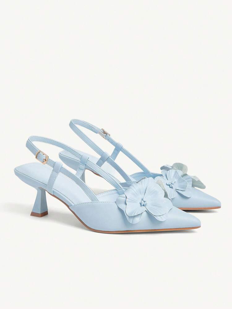 CUCCOO CHICEST Women's Pointed Toe Pumps With 3D Floral Decor, Stiletto Heel, Romantic & Elegant, Blue Faux Leather, Suitable For Dates, Parties, Afternoon Tea, Autumn/Winter For Christmas Elegant Shoes Wedding Shoes Summer Shoes Bride Shoes