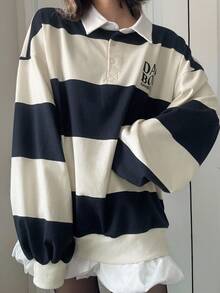 FRIFUL 女式撞色领口条纹字母印花宽松运动衫，秋季 - 藏蓝色 - 查看 1