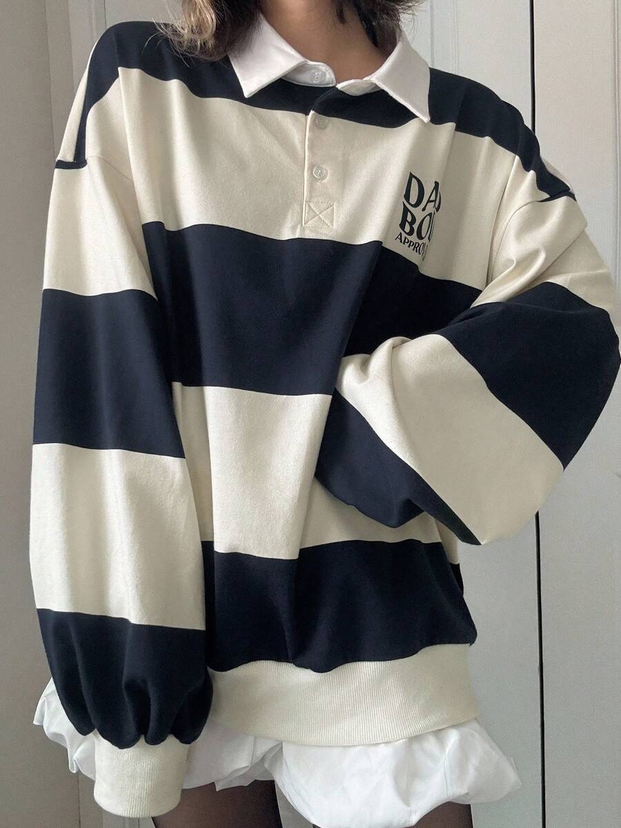 FRIFUL 女式撞色领口条纹字母印花宽松运动衫，秋季 - 藏蓝色 - 查看 1