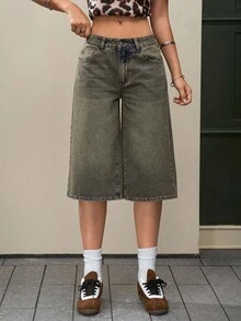 Jeanoix Women's Loose Fit Pocketed Wide Leg Capri Jeans - Blue - View 3