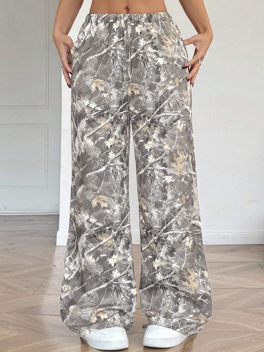 SHEIN 少女树叶植物印花宽松休闲阔腿裤 - 彩色 - 查看 1