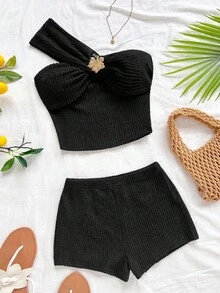 Soleia 2 piezas Conjunto de top sin mangas y shorts con decoración de flor de metal para mujer, conjunto de dos piezas acanalado, conjunto de dos piezas de shorts, conjunto de dos piezas de un hombro, conjunto de dos piezas de cintura alta - Negro - Ver 4