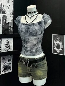 EgrlEra Áo thun nữ ôm sát gợi cảm cổ điển, tay bồng, cổ vuông, họa tiết lưới và ruy băng - Màu Xám nhạt - Xem 5