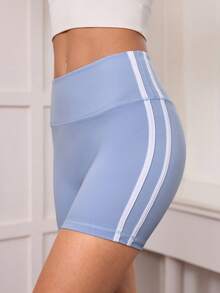 Women's Elastic Waist Striped Casual Short Leggings - Baby Blue - View 3