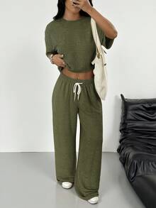 SHEIN EZwear 橄榄绿针织女式圆领落肩休闲上衣和裤子套装 - 軍綠色 - 查看 5
