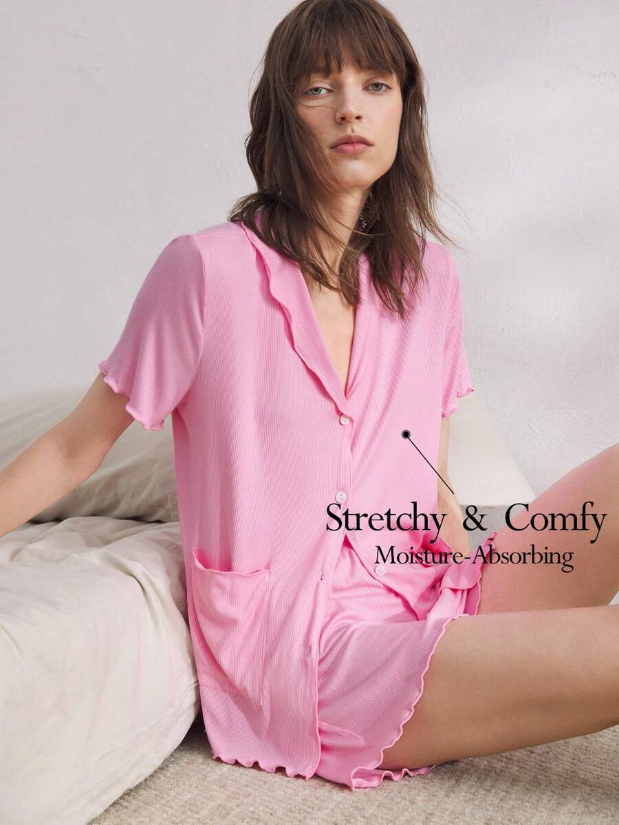 Ocili Soft Ribbed Contrast Color Ruffle Collar Short Sleeve & Shorts Pajama Set For Women - Pink - View 1