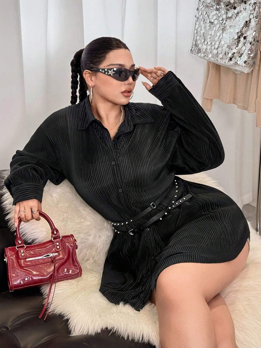 SHEIN EZwear Plus Size Satin Shiny Pleated Textured Fabric Loose Shirt Dress, Autumn - Black - View 1