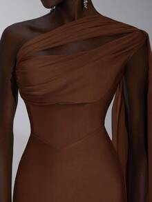 Elitara Elegant Romantic Light Brown Asymmetrical Shoulder Draped Neck Flounce Fitted Mini Fishtail Dress, Suitable For Wedding, Occasion, Date, Bridesmaid - Coffee Brown - View 3