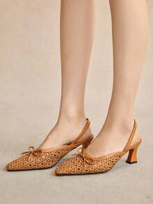 Rosivie Sandalias de tacón medio cuadrado con lazo plateado tejido y hueco, zapatos de verano elegantes para exteriores con correa de tobillo para mujer