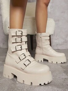 SHUZIA 人造皮革搭扣溝紋鞋底馬丁靴 - 米色 - 查看 1