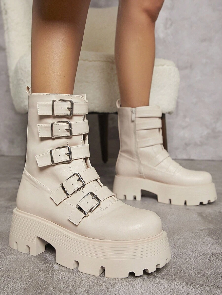 SHUZIA 人造皮革搭扣溝紋鞋底馬丁靴 - 米色 - 查看 1