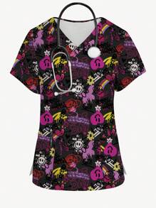PopScrub Plus Size Women V-Neck Short Sleeve Nurse Uniform,Cartoon Colorful Graffiti Print Work Clothes,Multi-Pocket Functional Smock Top,Doctor Lab Work Tops - Multicolor - View 4