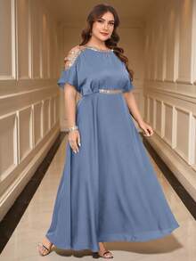 SHEIN Clasi Đầm thời trang thanh lịch đính đá Rhinestone cỡ lớn khoét sâu - Màu xanh bụi bặm - Xem 4