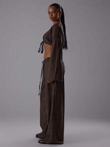 MUSERA Conjunto de ropa de top corto extremo y pantalones con cordón, elegante estilo bohemio para vacaciones, en tonos apagados, ideal para otoño, invierno y primavera, para citas - Marrón - Ver 4