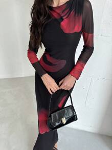 Aloruh 优雅船领长袖扎染网眼印花派对鸡尾酒会礼服，适合秋冬季 - 黑色 - 查看 5