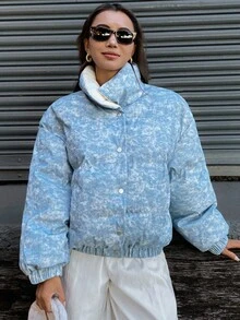 DAZY 女士纯色宽松高领口袋休闲街头厚棉服外套，秋冬夹克 - 藍色 - 查看 6