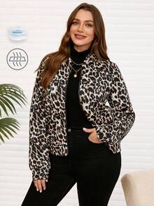 EMERY ROSE Plus Size Women Casual Leopard Print Blend Jacket, Autumn/Winter Fall - Black - View 1
