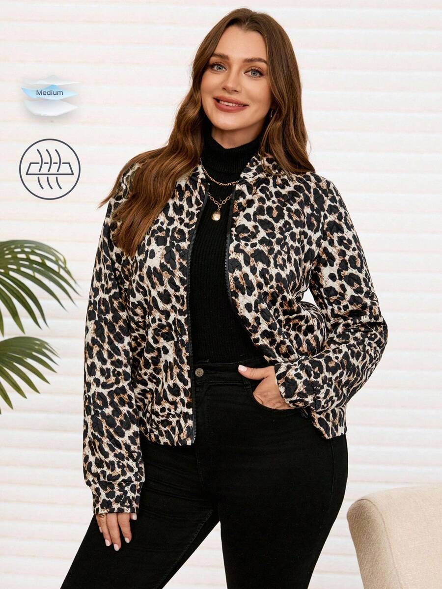 EMERY ROSE Plus Size Women Casual Leopard Print Blend Jacket, Autumn/Winter Fall - Black - View 1