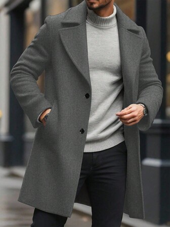 Manfinity Homme Men's Casual Solid Color Long Sleeve Overcoat, Suitable For Autumn/Winter