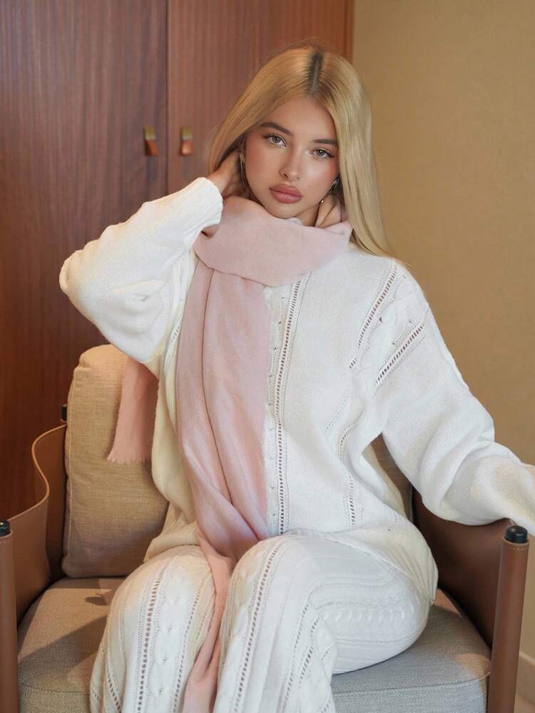 Sweetina 女士休闲日常简约纯色落肩宽松麻花针织毛衣和毛衣裤两件套，秋冬 - 白色 - 查看 1