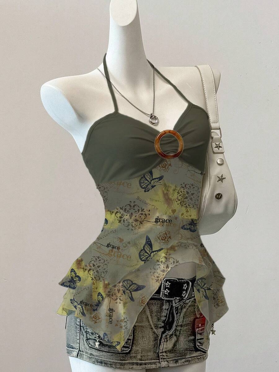 SHEIN EZwear 蝴蝶印花网纱女士不对称下摆露背吊带上衣 - 彩色 - 查看 1