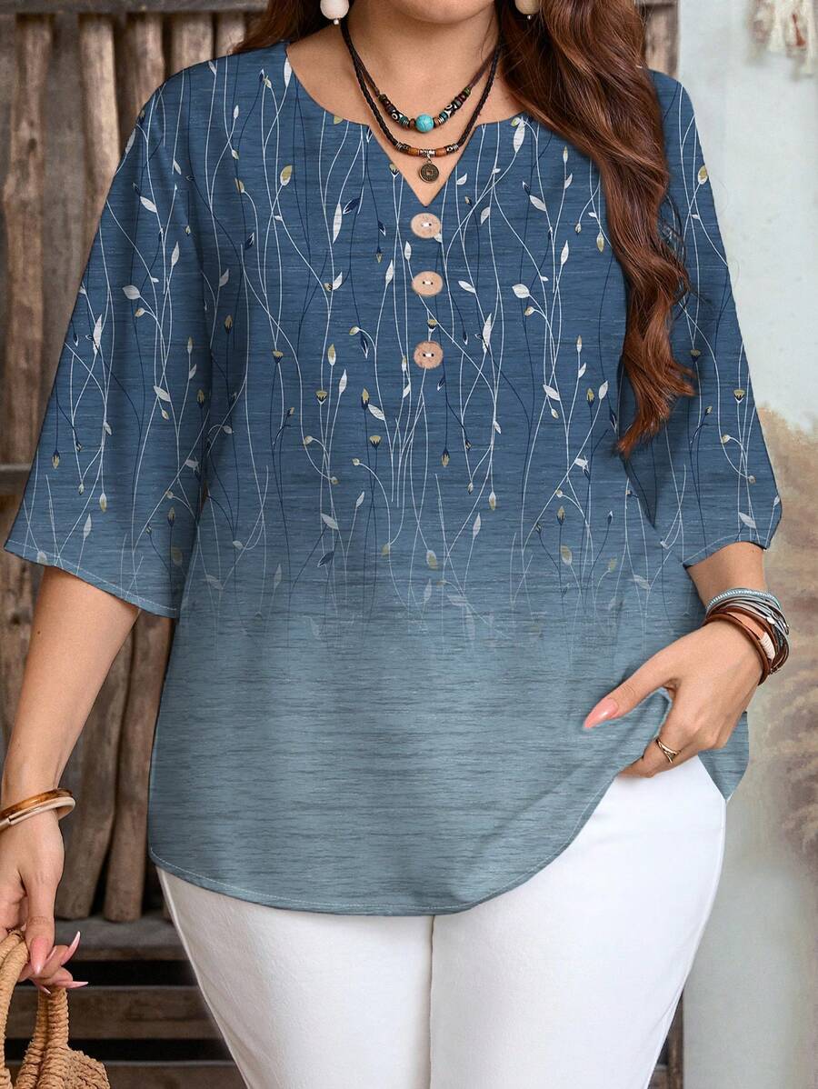 EMERY ROSE Casual Minimalist Ombre Ditsy Floral Decorative Button Notched Neck 3/4 Sleeve Loose Plus Size Women Shirt, Suitable For Summer Boho Blouses Boho Tops For Women Tunic Blouse Chic Blouses For Women Blue Tunic Blouse For Women Blue Boho Top Women Blue Top Floral Print Tunic Top Floral Print Blouse Blue Blouse For Women,Flower/Vacation/Spring - Multicolor - View 1