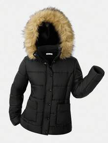 Girlism Áo khoác trùm đầu bông xù Colorblock thường ngày cho bé gái tuổi teen, mùa đông - màu đen - Xem 6