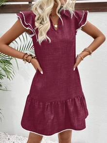 EMERY ROSE Women's Vacation V-Neck Cap Sleeve Ruffle Hem Casual Dress - Burgundy - View 4