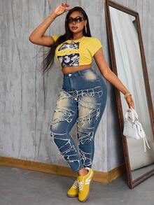 Slaydiva Winterliche Jeans für Damen in Große Größen mit hoher Taille, Taschen und ausgefranstem Saum, vielseitig einsetzbar - Mittele Waschung - Übersicht 3