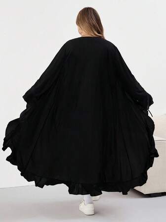 SHEIN CURVE+ Plus Size Women Casual Black Flare Sleeve Front Tie Ruffle Hem Long Cardigan,Fall Clothes For Women Winter Autumn/Autumn /Winter