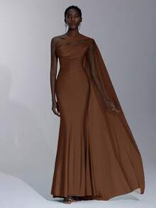 Elitara Elegant Romantic Light Brown Asymmetrical Shoulder Draped Neck Flounce Fitted Mini Fishtail Dress, Suitable For Wedding, Occasion, Date, Bridesmaid - Coffee Brown - View 2