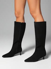 SHUZIA Women's Minimalist Comfortable Sexy Pointed Toe Kitten Heel Knee High Boots For Christmas - Black - View 5